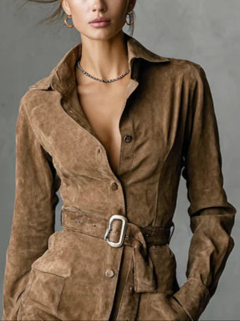 Zamszowa Sukienka Midi z Klapami i Długim Rękawem