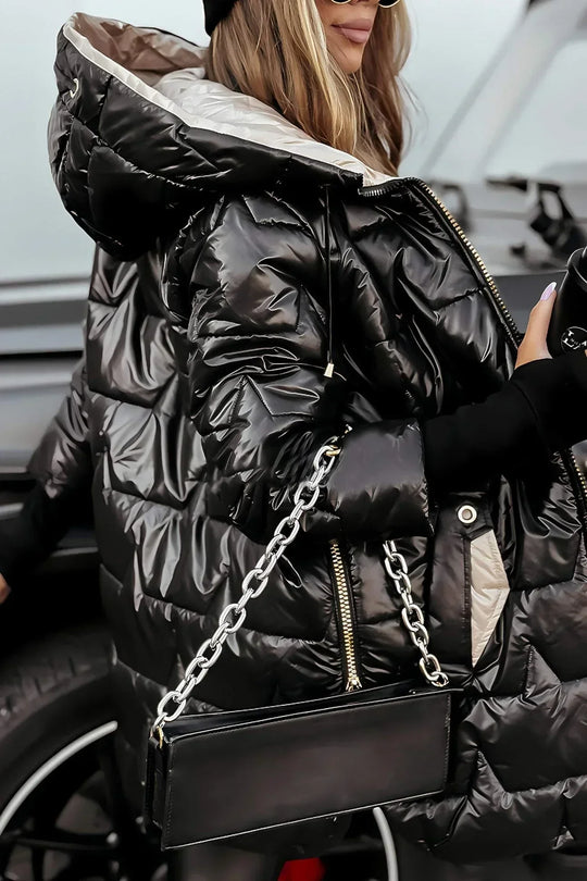 Anitta | Długa, pikowana i ciepła kurtka z otulającym kapturem